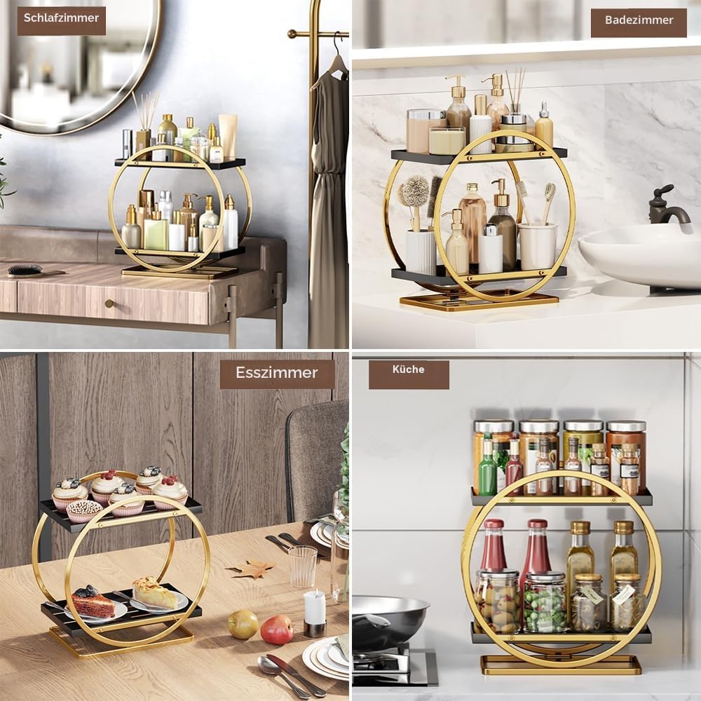 Make-up-Organizer für Schminktisch, 2-stöckig, Metall, Goldfarben, Modern, Kosmetik-Aufbewahrungsreg