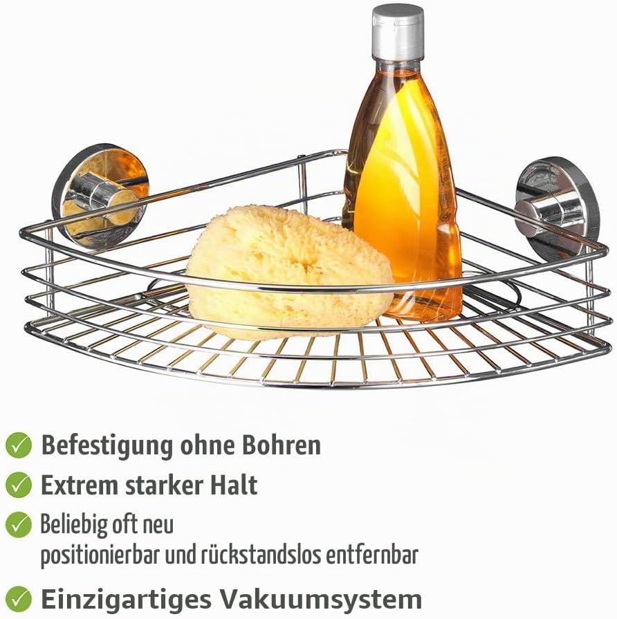 WENKO Vacuum-Loc Eckablage Bari, Eck-Wandregal, Befestigen ohne Bohren mit Vakuum, Verchromtes Metal