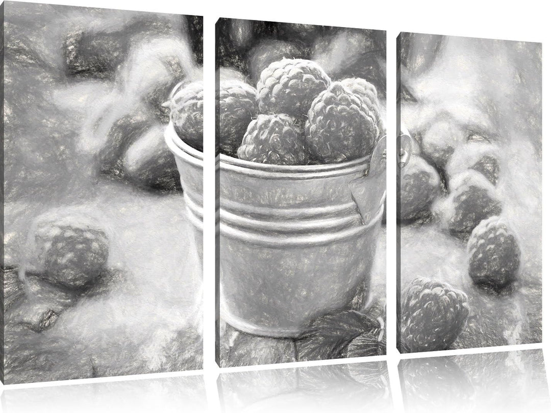 Pixxprint Himbeeren im Blecheimer Kohle Effekt 3-Teiler Leinwandbild 120x80 Bild auf Leinwand