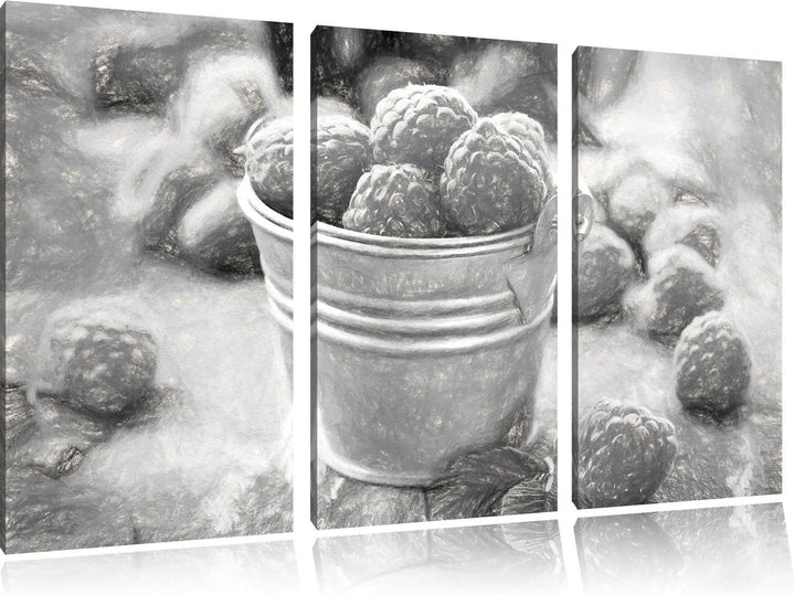 Pixxprint Himbeeren im Blecheimer Kohle Effekt 3-Teiler Leinwandbild 120x80 Bild auf Leinwand