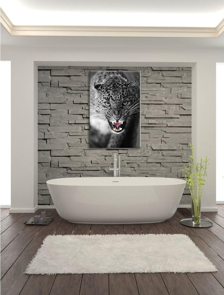 schöner fauchender Leopard schwarz/weiss Format: 100x70 auf Leinwand, XXL riesige Bilder fertig gera