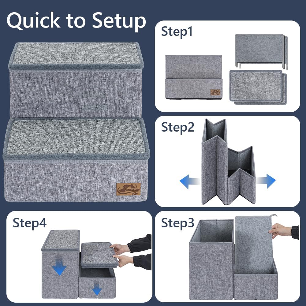 AKOZLIN Hundetreppe mit Stauraum, Haustierleiter, Haustiertreppe für kleine bis grosse Hunde 2 Stufe