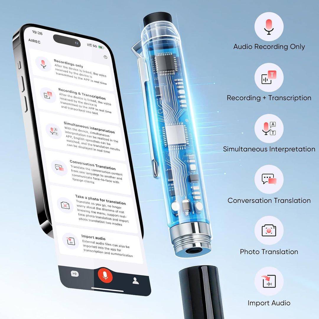 64 GB Digital Voice Recorder mit 60 Echtzeit-App-Übersetzung, 10h Aufnahmekapazität Unbegrenzte App-