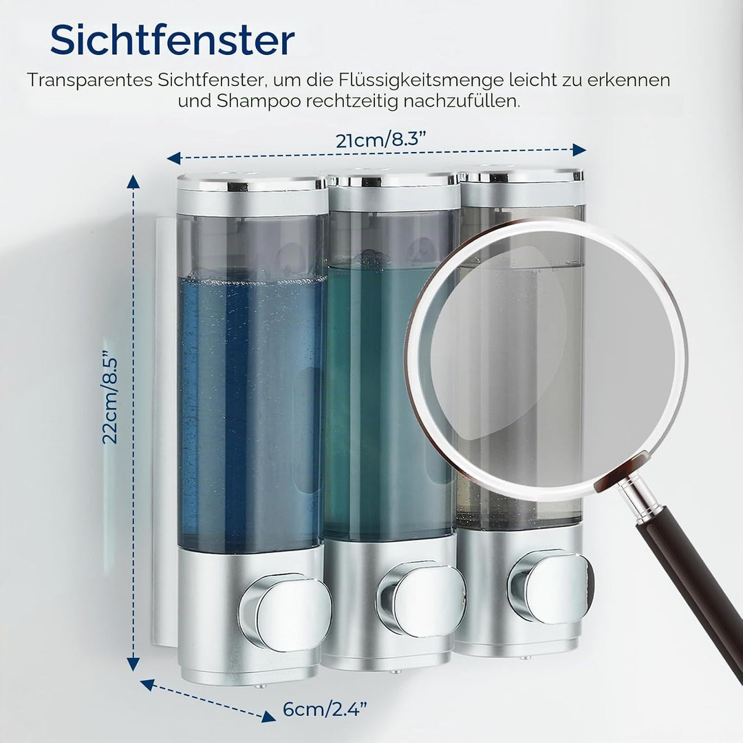 modunful Seifenspender für Dusche Wandbefestigung Ohne Bohren, 3 Kammern 300ml Duschspender Shampoo