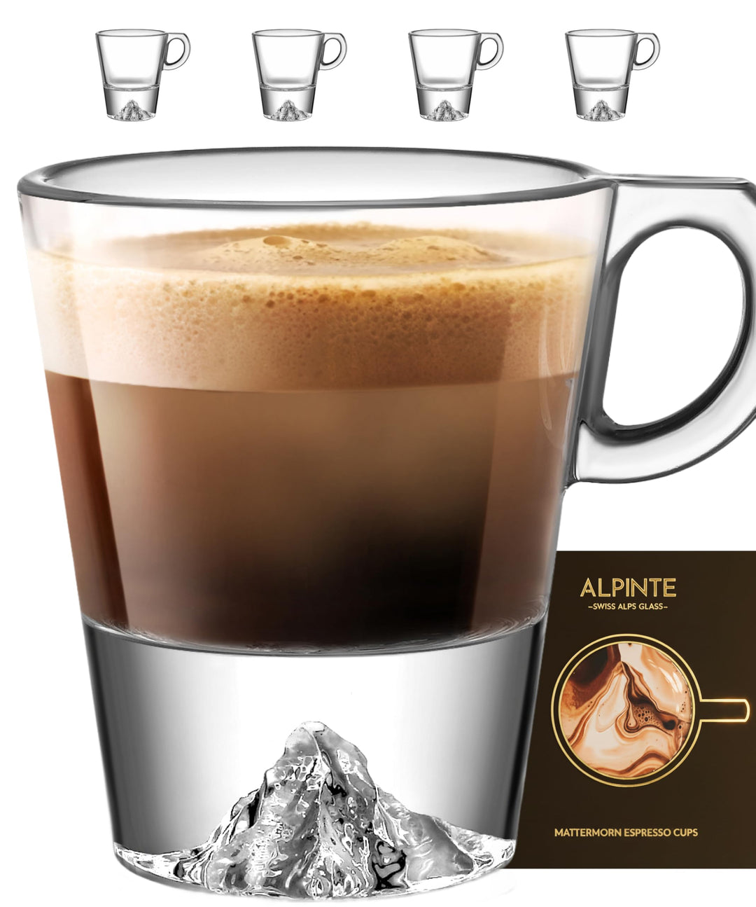 Espressotassen Set 4x60ml mit Henkel, Handgemachte Espresso Gläser aus Borosilikat, Topographic Gläs