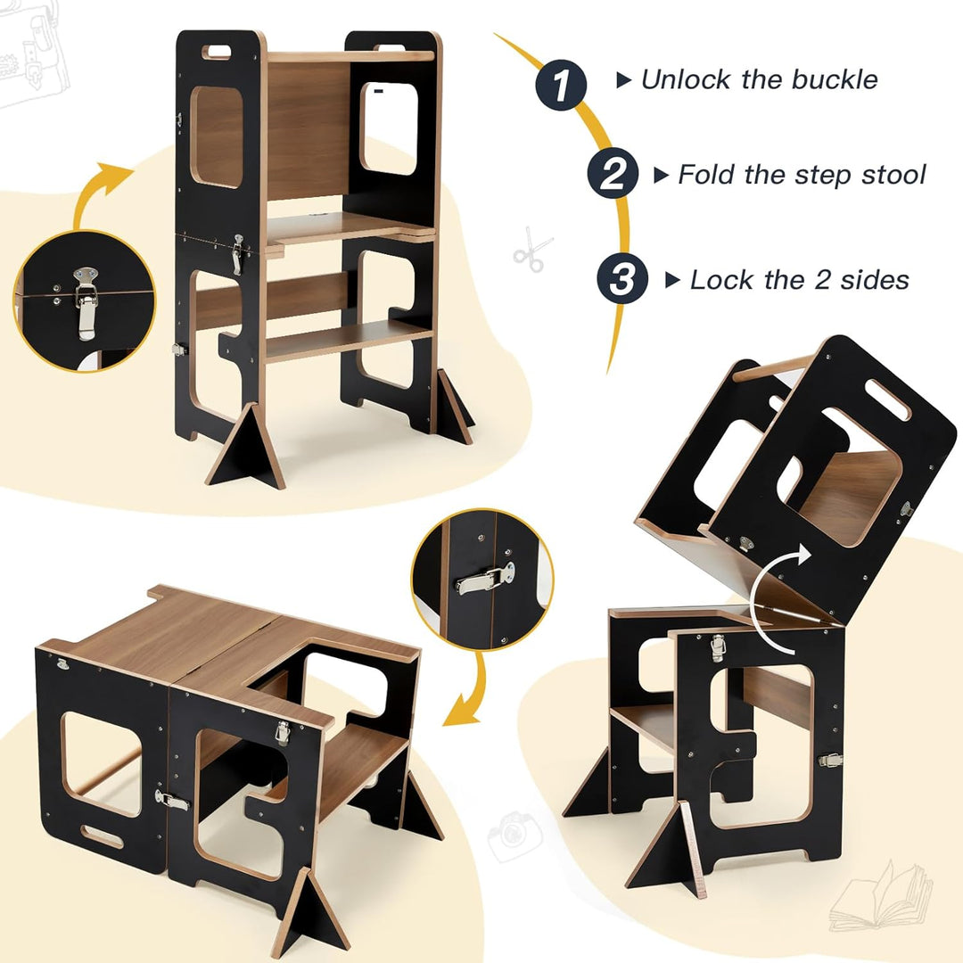 labebe Lernturm für Kinder, Montessori Learning Tower mit Tafel, 3 in 1 Klappbar Multifunktion Lernt