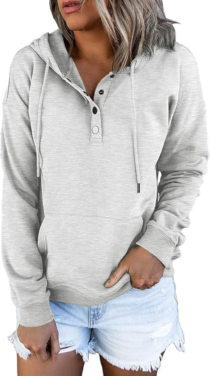 GOLDPKF Hoodie Damen 1/4Knopfleiste Leichter Pullover für Den Kapuzenpullover V-Ausschnitt S A04-gra