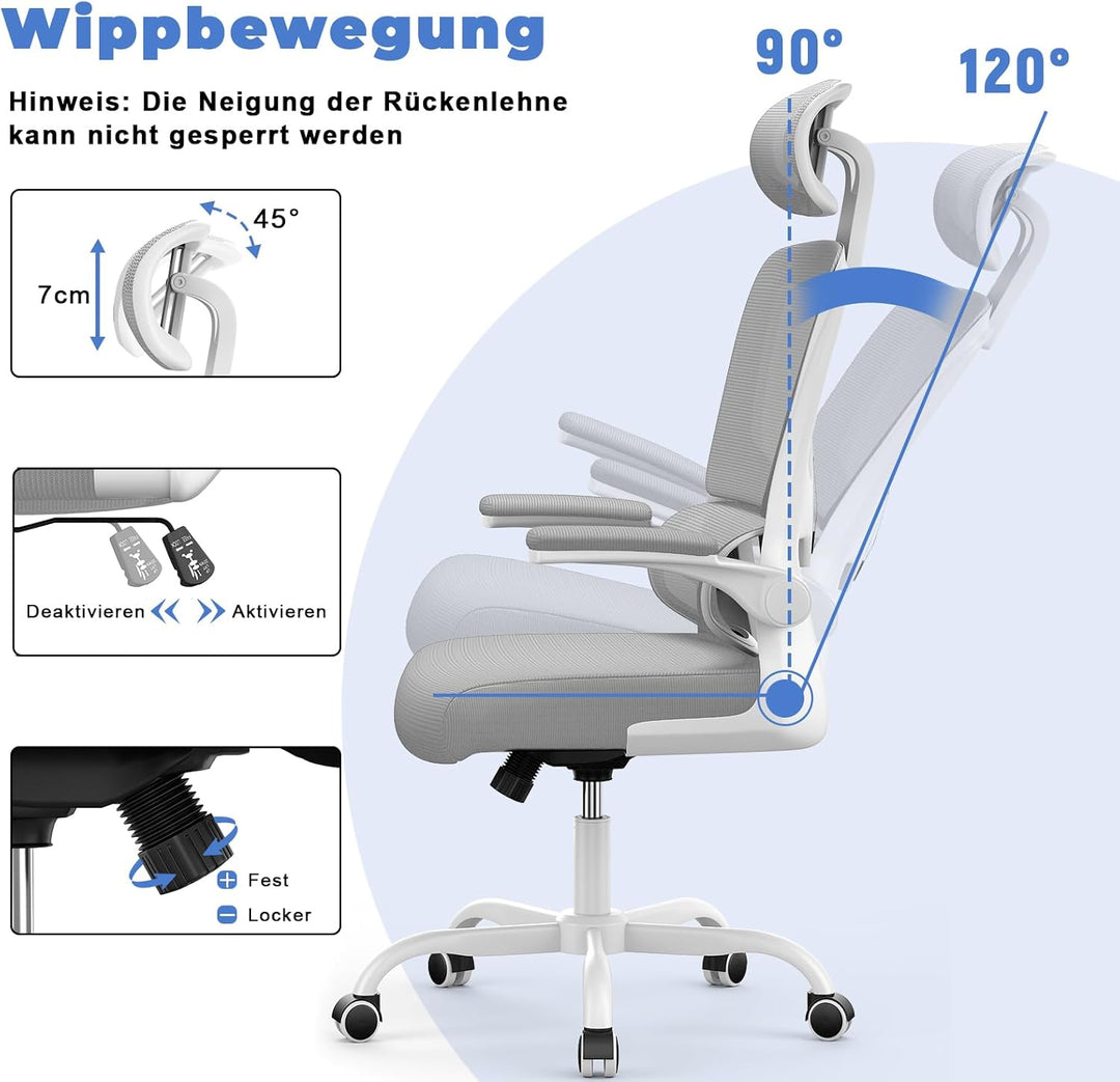 naspaluro Bürostuhl, Ergonomischer Bürostuhl mit Verstellbarer Kopfstütze, Armlehnen, Dynamischer Lo