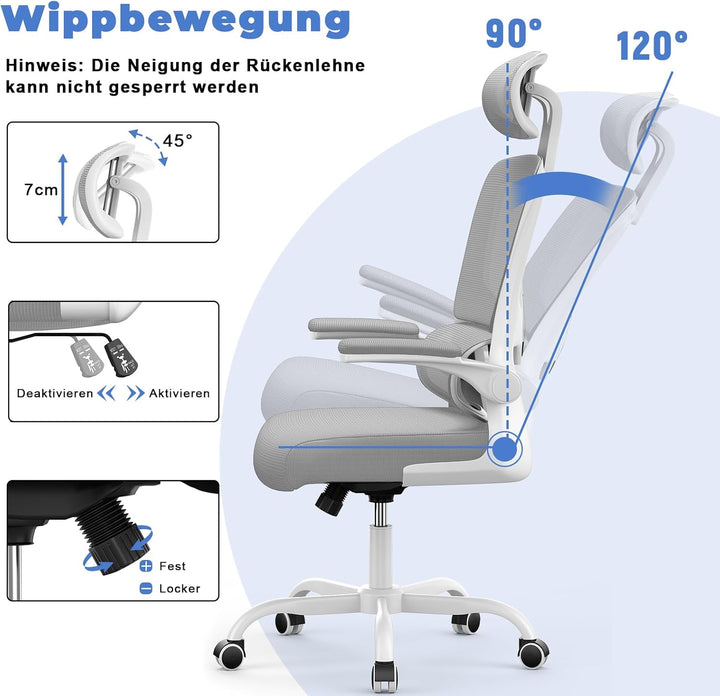 naspaluro Bürostuhl, Ergonomischer Bürostuhl mit Verstellbarer Kopfstütze, Armlehnen, Dynamischer Lo