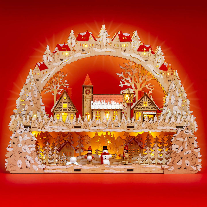 SIKORA LB08 Holz Schwibbogen beleuchteter LED Lichterbogen Motiv Winterdorf Dorfkirche Deko Weihnach