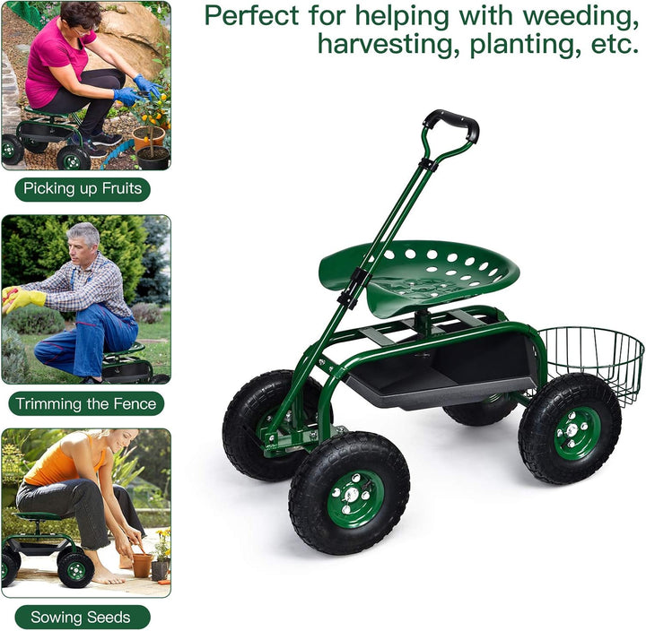 RELAX4LIFE Rollsitz mit Ablage Korb, Gartensitz mit Ausziehbarem Griff 4 Rädern, Gartenrollsitz Fahr