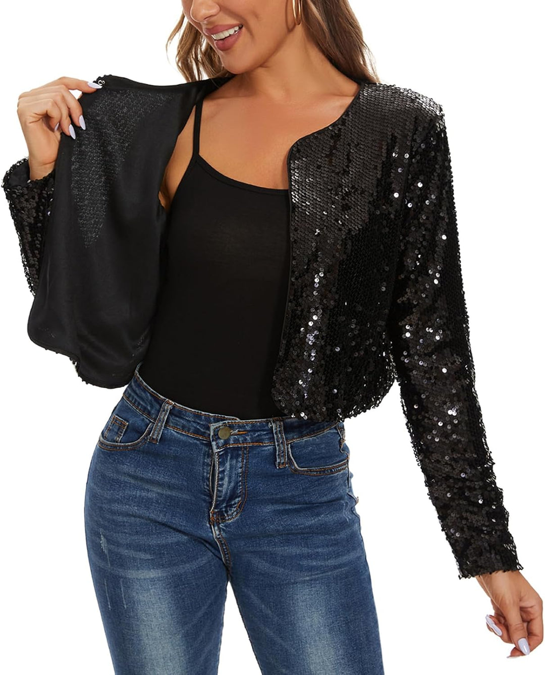 MINTLIMIT Damen Pailletten Strickjacke Kurz Offene Cardigan Langarm Bolero Dünne Elegant Hakenversch