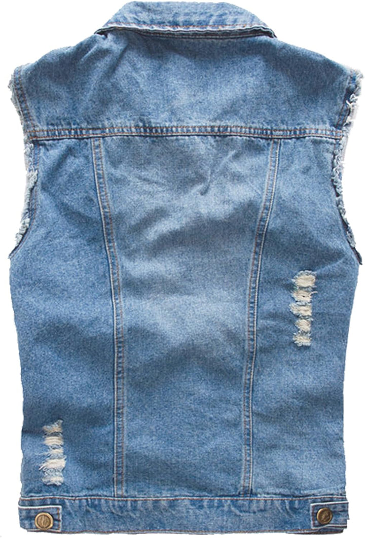 Herren Denim Westen Zerrissen Casual Ärmellos Biker Fashion Jeansweste, Blau
