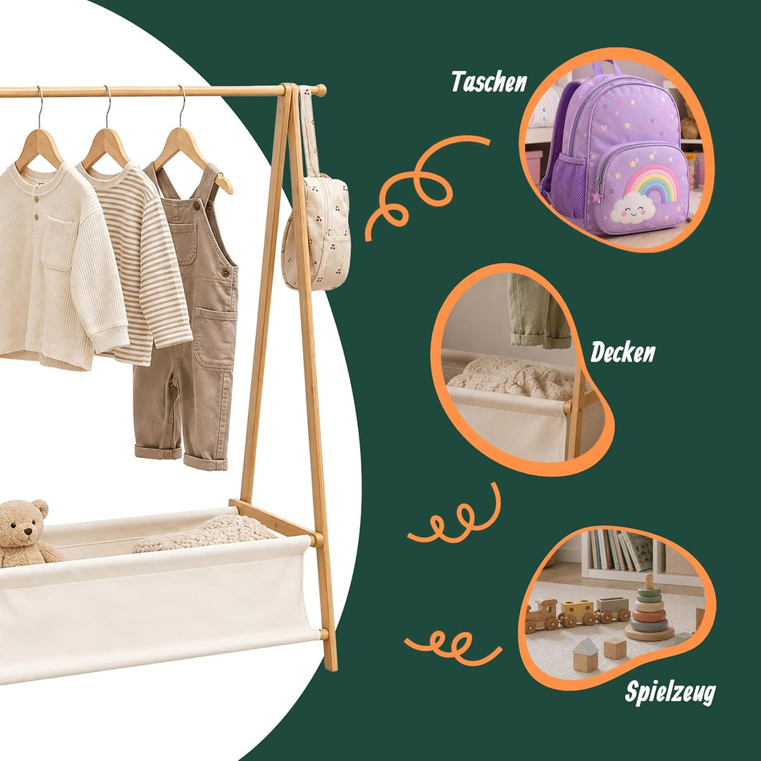 Relaxdays Kleiderständer Kinder, Bambus, HxBxT 106 x 86 x 36 cm, Stoffkorb, Kleiderstange, Kindergar
