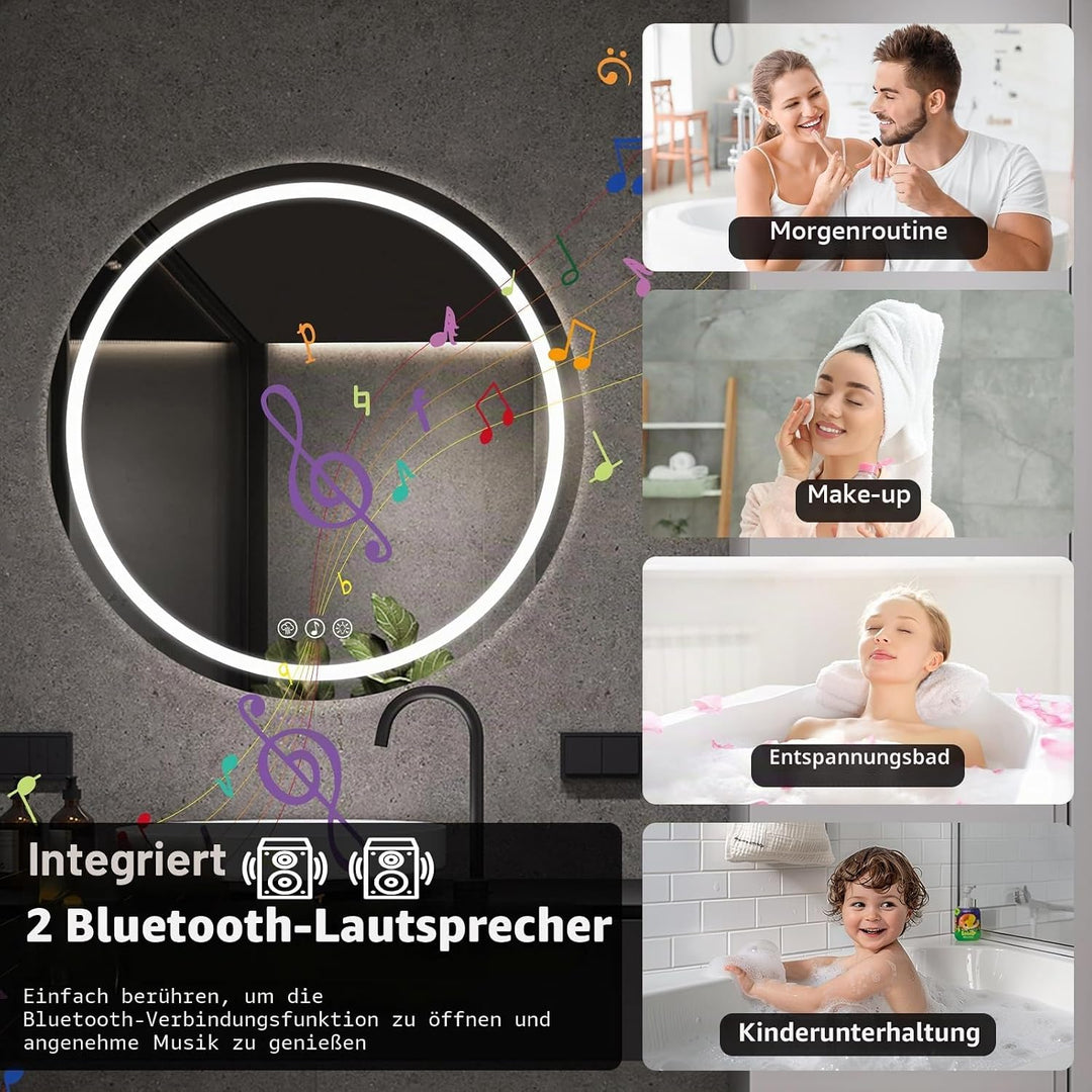 Bluetooth Badezimmerspiegel mit Beleuchtung, 70cm Runder Spiegel mit Beleuchtung, Wandspiegel mit Fr