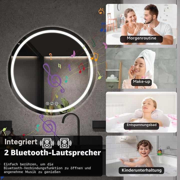 Bluetooth Badezimmerspiegel mit Beleuchtung, 70cm Runder Spiegel mit Beleuchtung, Wandspiegel mit Fr