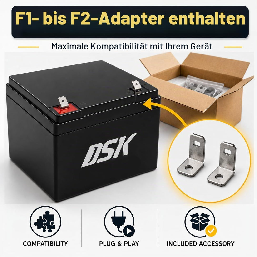 DSK Wiederaufladbare Batterie 12V 18Ah – Universaladapter F1/F2 inklusive – Masse 181x76x167 mm – Fü