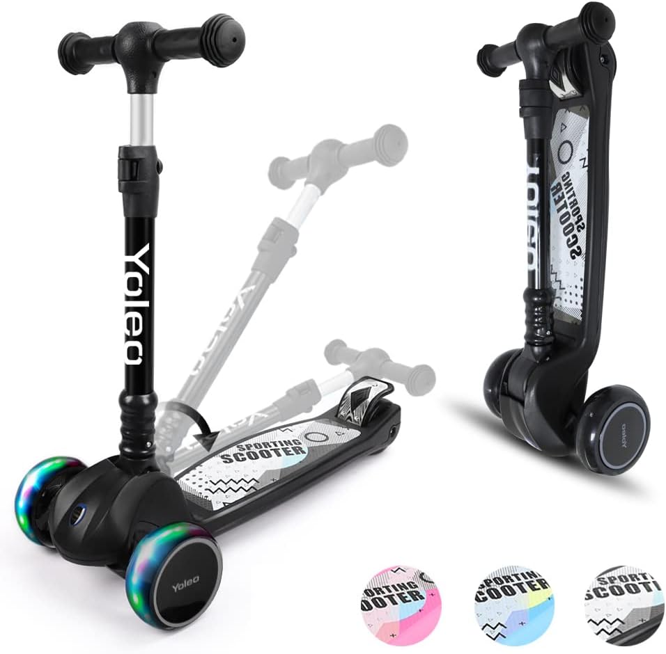 YOLEO Kinderoller Kinderscooter Dreiradscooter mit LED Räder, 2-Rädern Hinterbremsen,4 Höhenverstell