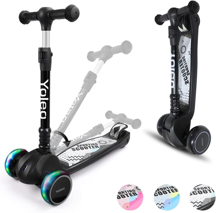 YOLEO Kinderoller Kinderscooter Dreiradscooter mit LED Räder, 2-Rädern Hinterbremsen,4 Höhenverstell