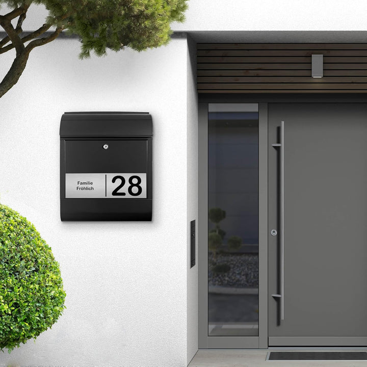 banjado® Briefkasten personalisiert mit graviertem Namensschild in Silber/Briefkasten schwarz 39x47x