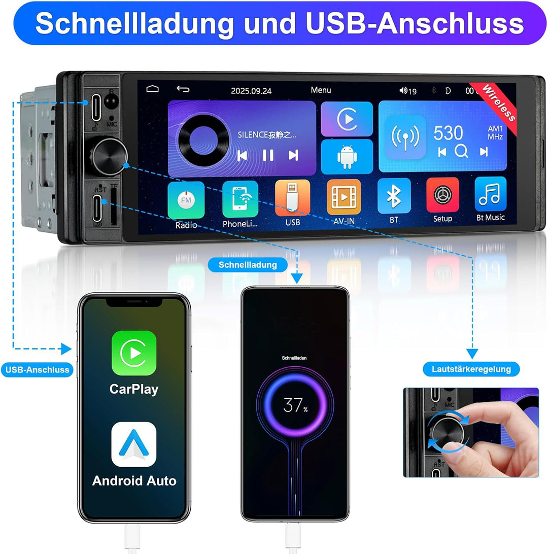 1 DIN Radio Kompatibel mit Wireless CarPlay & Android Auto, Autoradio 1Din mit 6,28 Zoll HD Bildschi