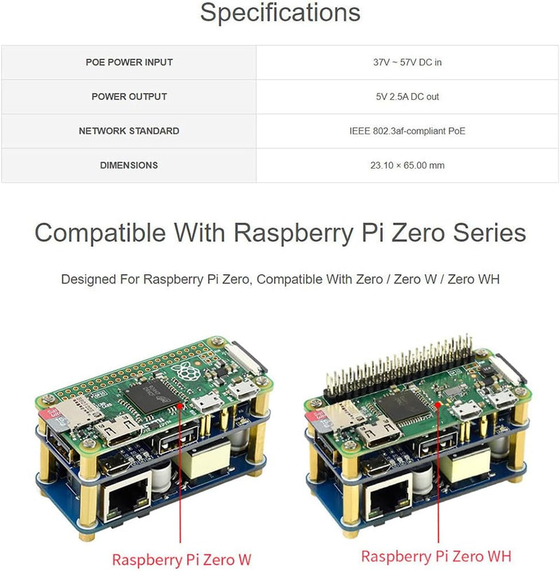 PoE Ethernet/USB HUB HAT for Raspberry Pi Zero/Zero W/Zero WH, 3X USB 2.0 Ports, 10M / 100M RJ45 Por