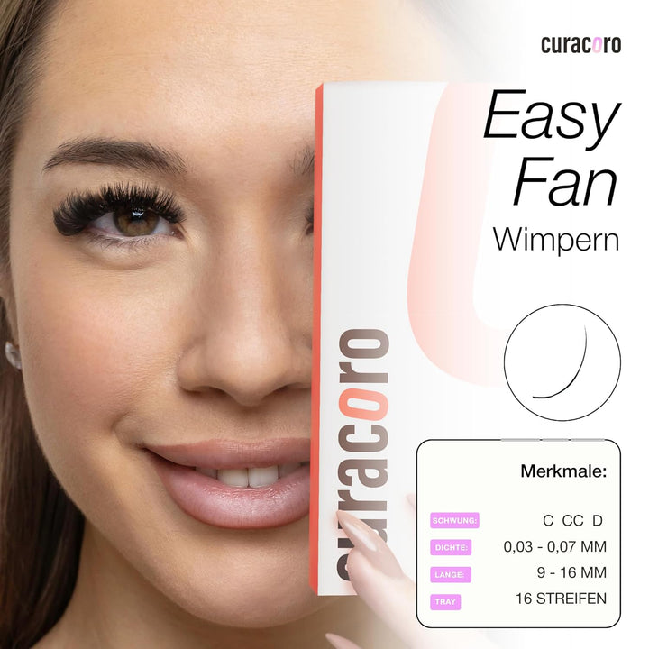 Curacoro Easy Fan Wimpern Extensions 0,03–0,07mm, C/CC/D Curl, 9–16mm, gemischt & Einzellängen, supe