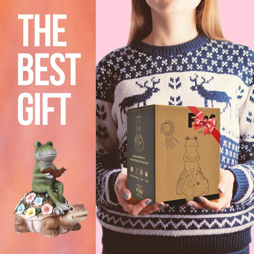 Yeomoo Solar Frosch Reiten Schildkröte Figuren Gartendeko für Draussen – mit Blumen LED Solarlampen