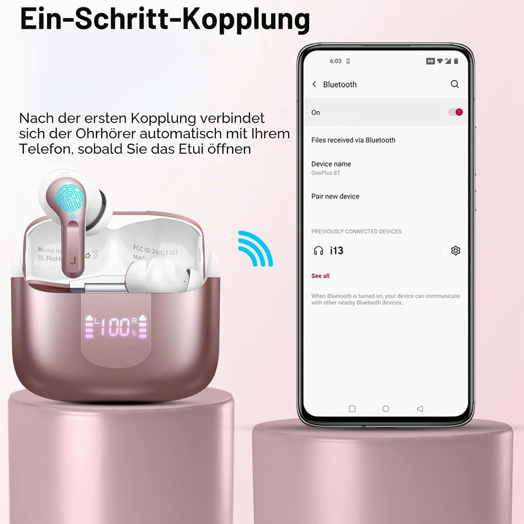 Ordtop Kopfhörer Kabellos Bluetooth, Stereo Tiefer Bass Wireless Earbud, ENC Noise Cancelling Mic, U