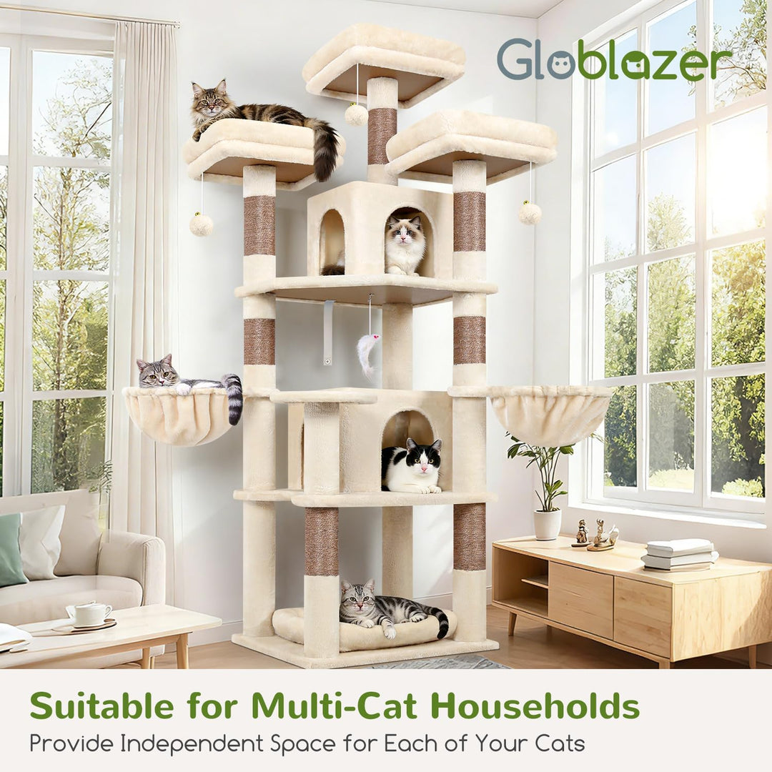 Globlazer Beige Kratzbaum Stabil 174 cm mit 3 Gepolsterte Sitzstangen, 2 Katzenhaus, 2 Korb, Abnehmb
