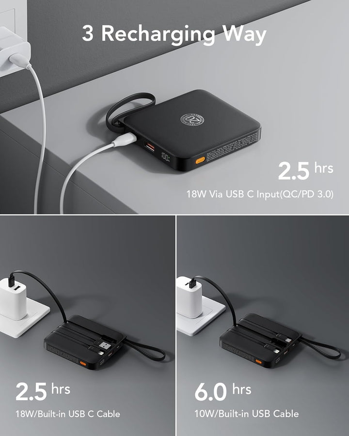 VRURC Power Bank mit Kabel 10000mAh Klein USB C Powerbank Schnelles Aufladen 22.5W Mini Tragbares La