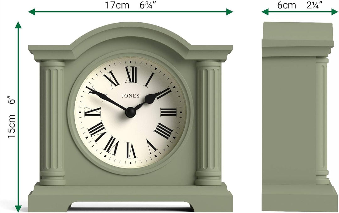 JONES CLOCKS® Kensington Kaminuhr | Klassische Uhr mit gewölbtem Oberteil | Salbeigrün | Stilvoll &
