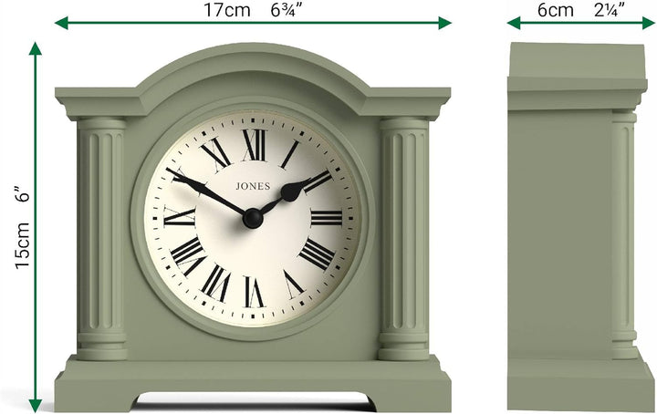 JONES CLOCKS® Kensington Kaminuhr | Klassische Uhr mit gewölbtem Oberteil | Salbeigrün | Stilvoll &