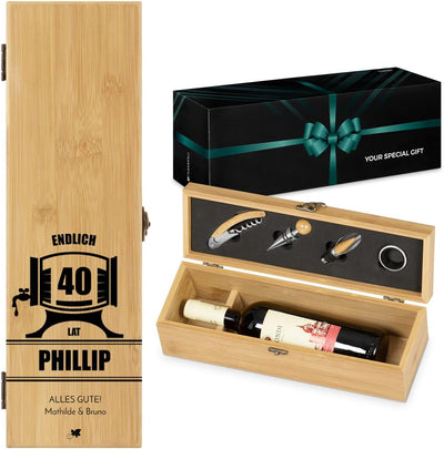 Maverton Wein Geschenkbox für 0,7L Weinflasche + Aufdruck + 4er Weinzubehör - Weinset aus Bambus - 3