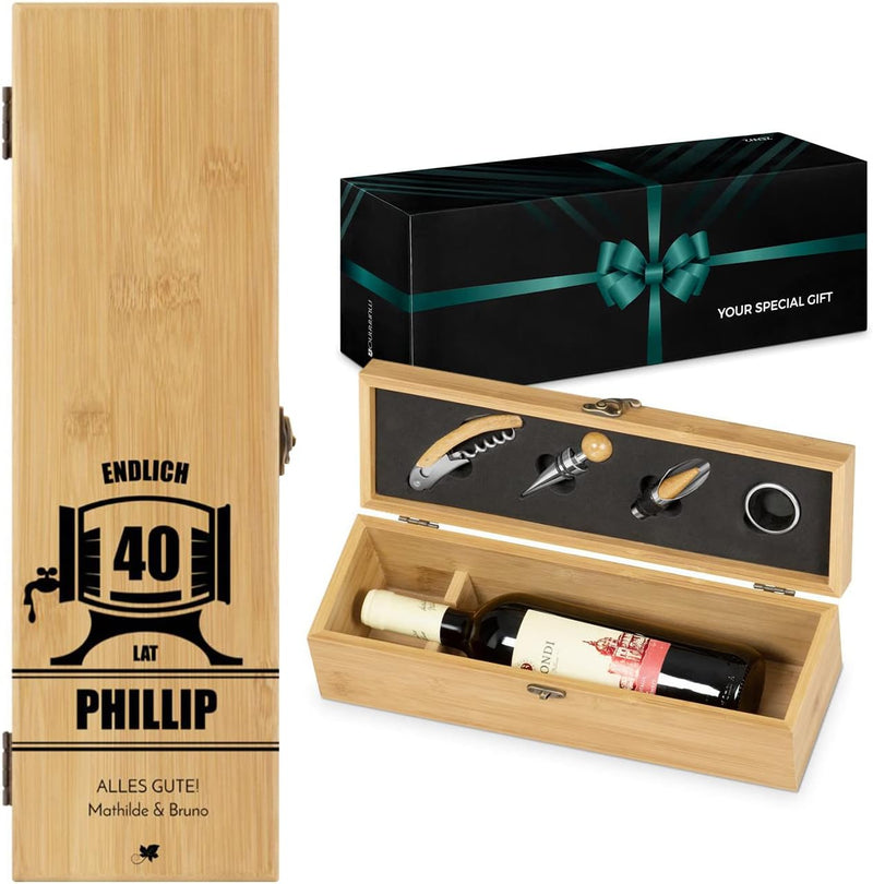 Maverton Wein Geschenkbox für 0,7L Weinflasche + Aufdruck + 4er Weinzubehör - Weinset aus Bambus - 3