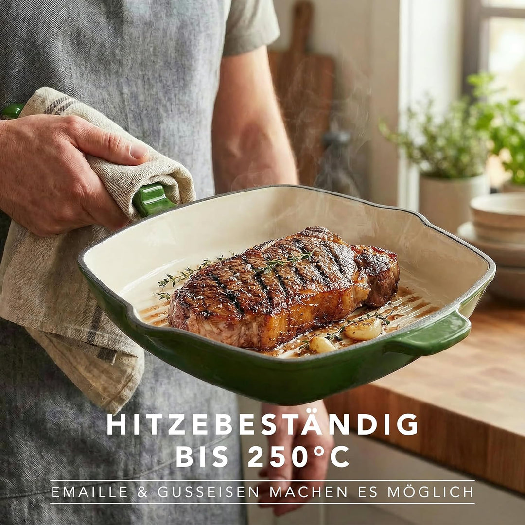 Römertopf Gusseisen Grillpfanne eckig 24 cm – Steakpfanne Emaille-Beschichtung, alle Herdarten inkl.