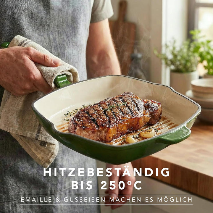 Römertopf Gusseisen Grillpfanne eckig 24 cm – Steakpfanne Emaille-Beschichtung, alle Herdarten inkl.