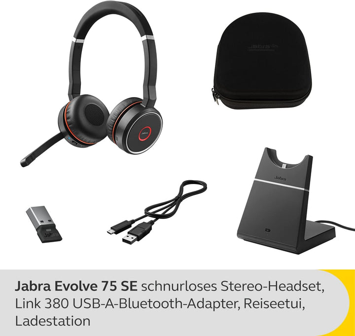 Jabra Evolve 75 SE Schnurloses Stereo-Headset - Bluetooth-Headset mit Mikrofon mit ANC und Ladestati