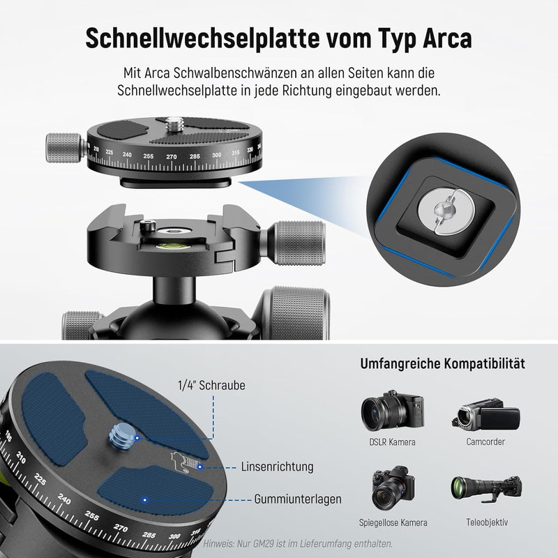 NEEWER Stativkopf mit niedrigem Profil, Kugelkopf mit niedrigem Schwerpunkt, Dämpfung, doppelte 360°