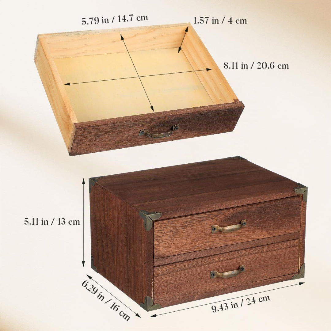 Ciieeo Vintage Schreibtisch Organizer aus Holz, Retro Aufbewahrungsbox mit 2 Schubladen und Metall-E