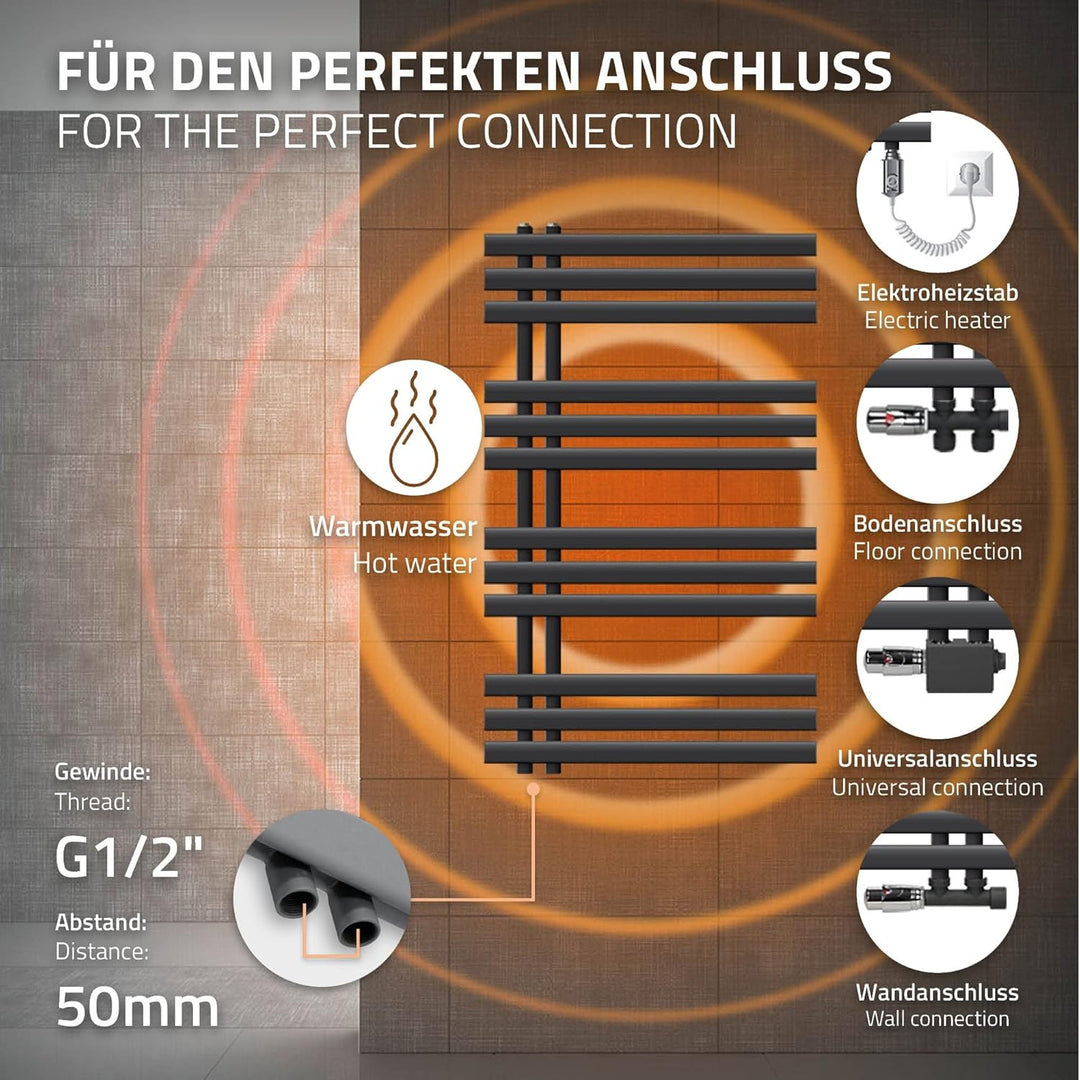 ECD Germany Iron EM Design Badheizkörper Elektrisch mit Heizstab 600 W - 600 x 1000 mm - Anthrazit -