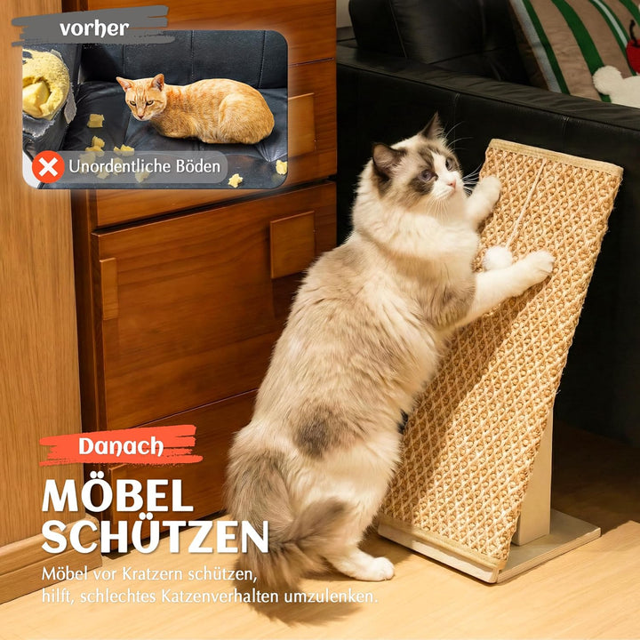 PETKARAY Kratzbrett Katze, 65 cm Kratzsäule aus natürlichem Sisal mit Rampe, stabiles L-förmiges Kat