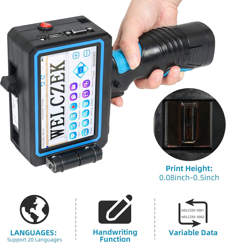WELCZEK WK-01 Handdrucker mit 5-Zoll-Touchscreen Tragbarer Handheld Tintenstrahldrucker für Etikette