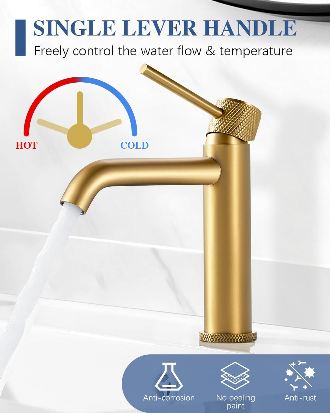 Wasserhahn Bad Waschtischarmatur Gold, Armatur Badezimmer mit Auslauf Höhe 105 mm, Einhebelarmatur G