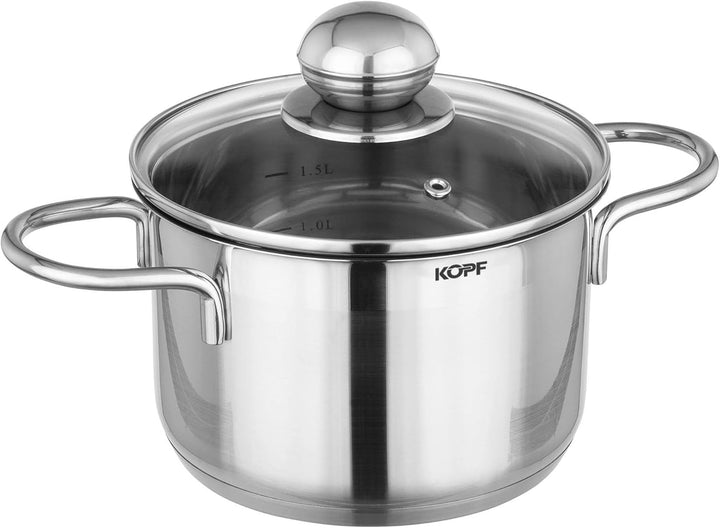 Kopf Topfset Josie aus Edelstahl - Induktionstöpfe mit Schüttrand, Literskala und Glasdeckel – 14-te