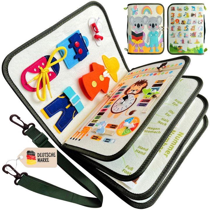 Avelie Montessori Busy Board mit Schultergurt – Filz Motorikspielzeug ab 3 Jahren – Deutsche & Engli