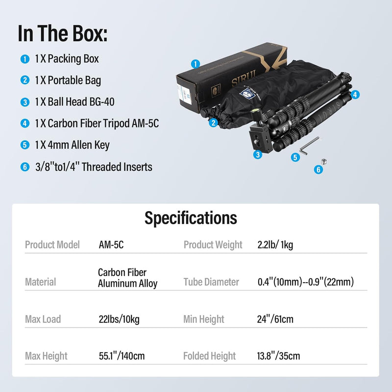 SIRUI AM-5C Carbon Reisestativ, 140cm Kompaktes leichtes Carbon Tripod mit 360° Panorama-Kugelkopf f