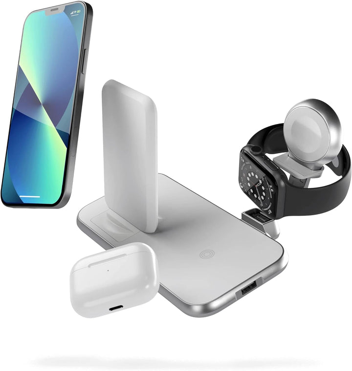 ZENS Stand+Watch 2x10W Aluminium 4in1 kabelloses Ladegerät (Apple & Samsung Fast Charging, Qi/MFi-Ze