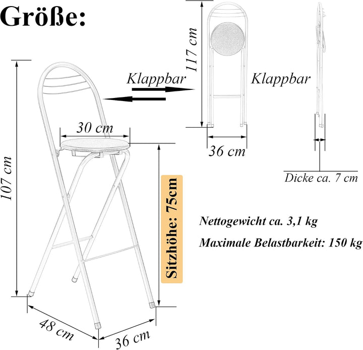 1 Stück Barhocker Klappbar mit Lehne, Klapphocker Faltbar Barstühle Bar Hocker Klappbar Holz Stuhl K