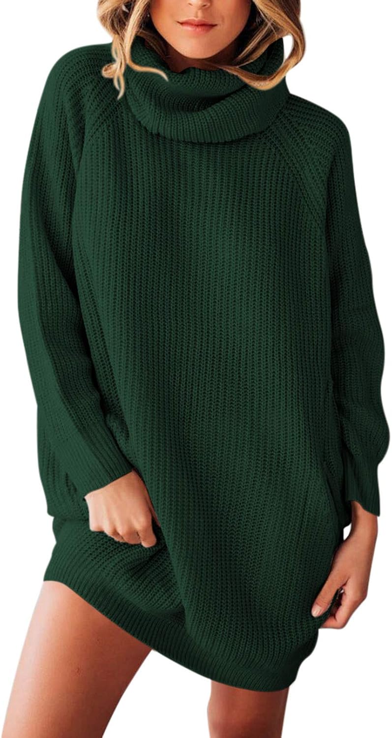 Viottiset Damen Langarm Oversize Grobstrick Pulloverkleid Mit Rollkragen 02 Dunkelgrün S, 02 Dunkelg